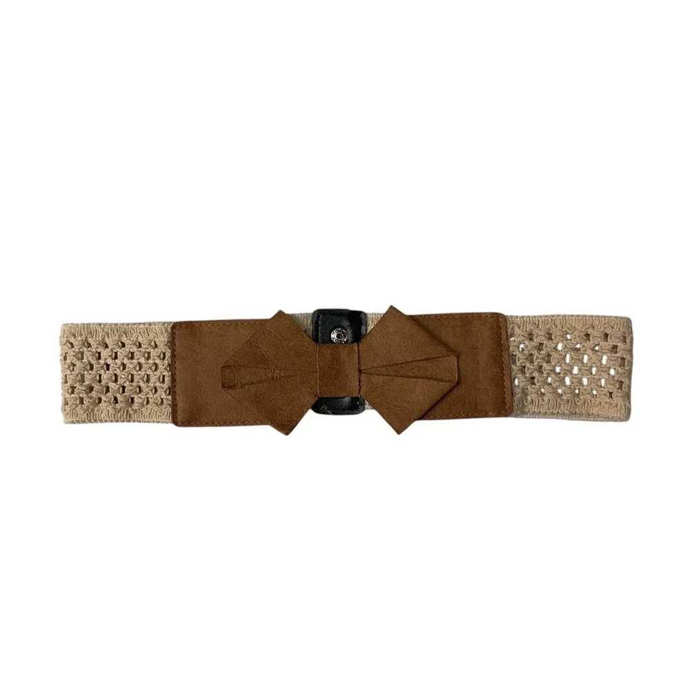 Boho Woven Lacey Waist Belt with Bow Suede Accent‎ Snap Back Stretch Cream Brown